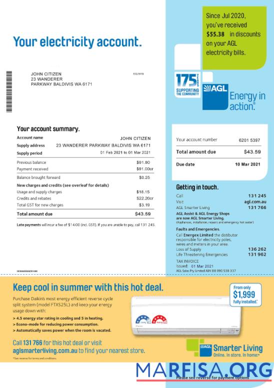 Blank Australia AGL electricity utility bill template, fully editable in PSD format